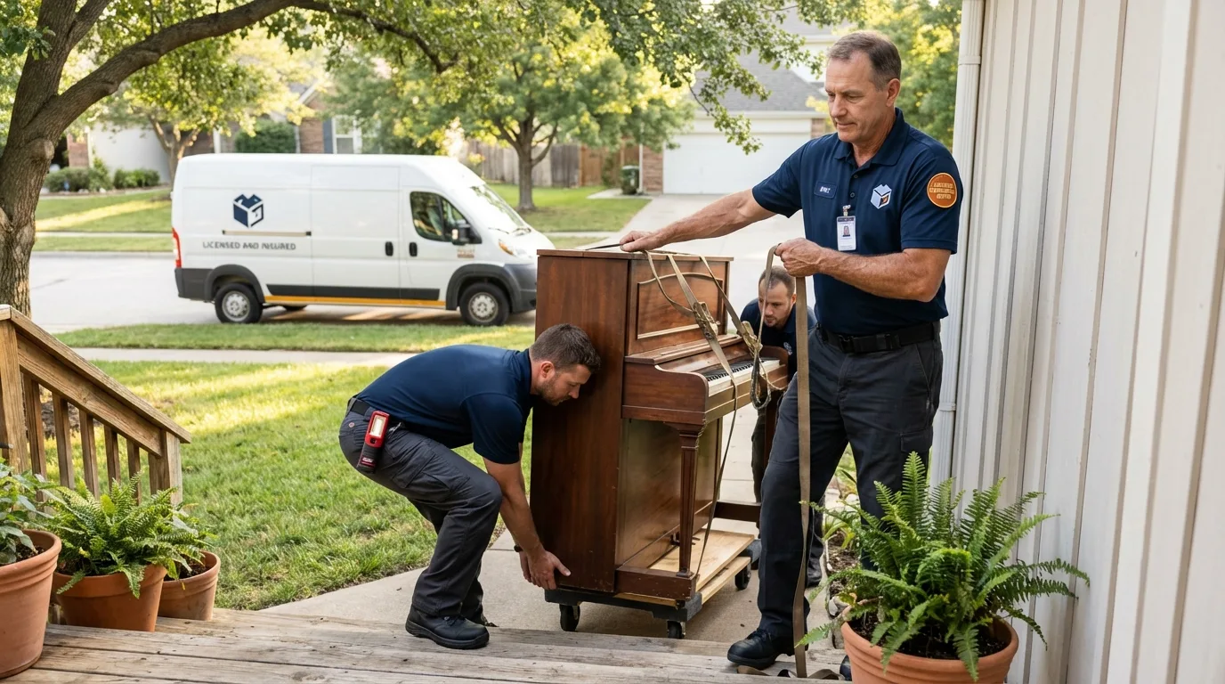 Licensed piano movers securing grand piano in Dallesport, WA