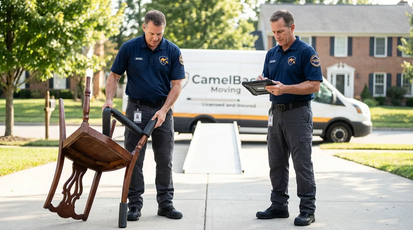 Movers inspecting furniture for damage prevention before loading in Dallesport, WA