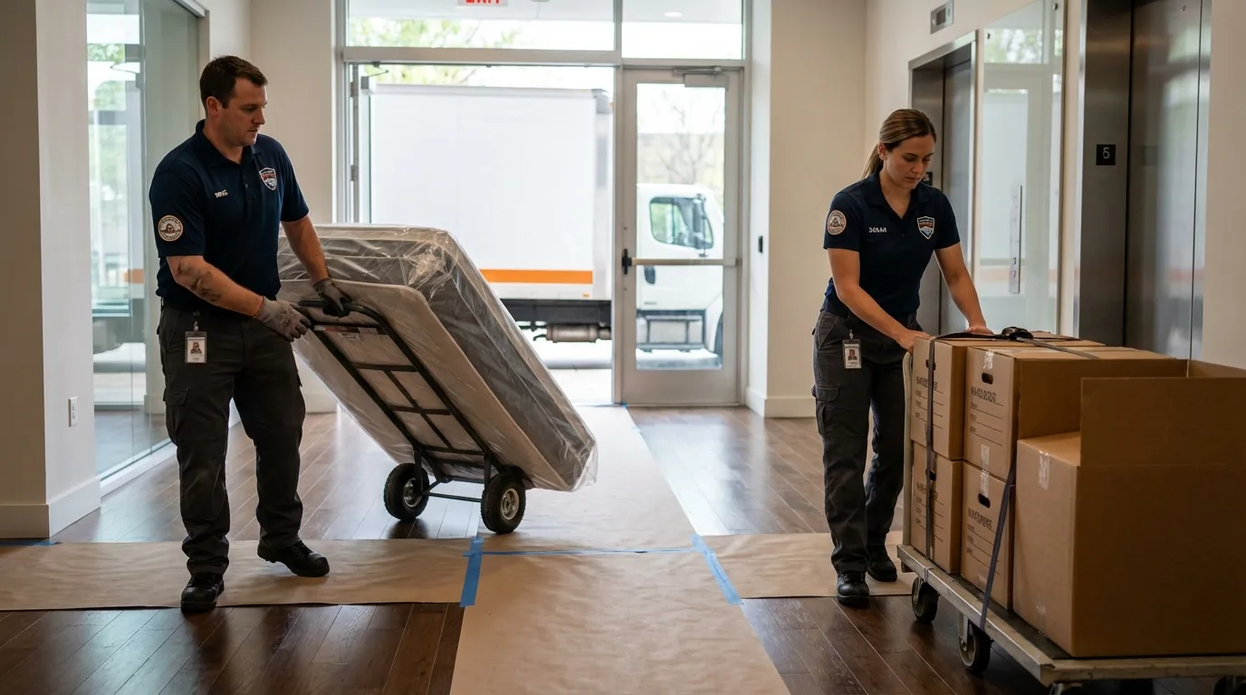 Professional apartment movers loading elevator in Dallesport, WA