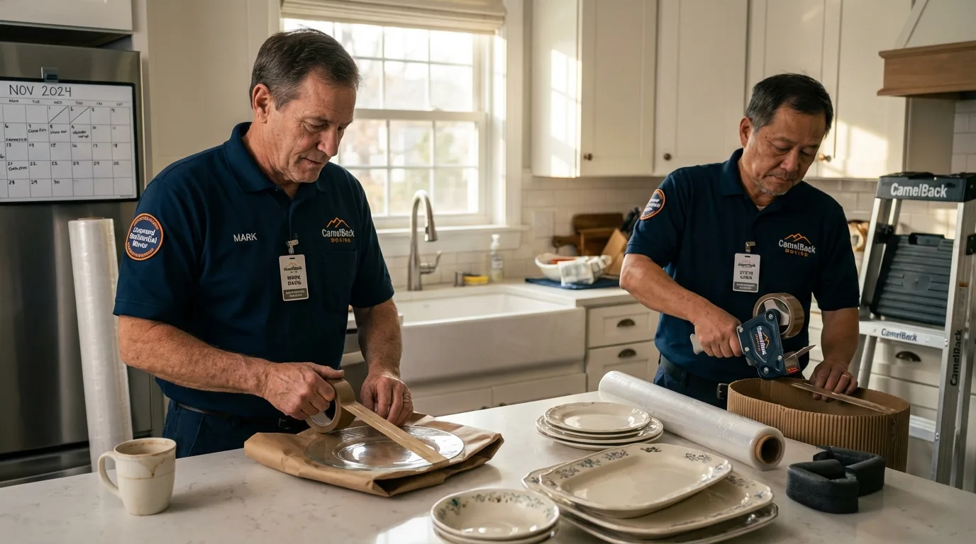 Professional crew packing kitchen dishware in Dallesport, WA